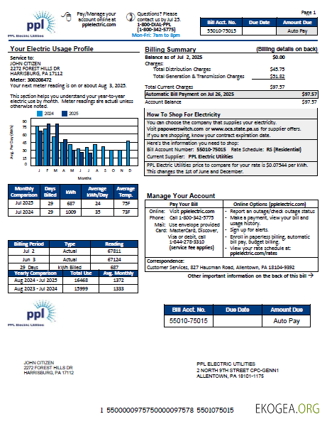 USA PPL Electric utility bill template in Word and PDF formats, version 3